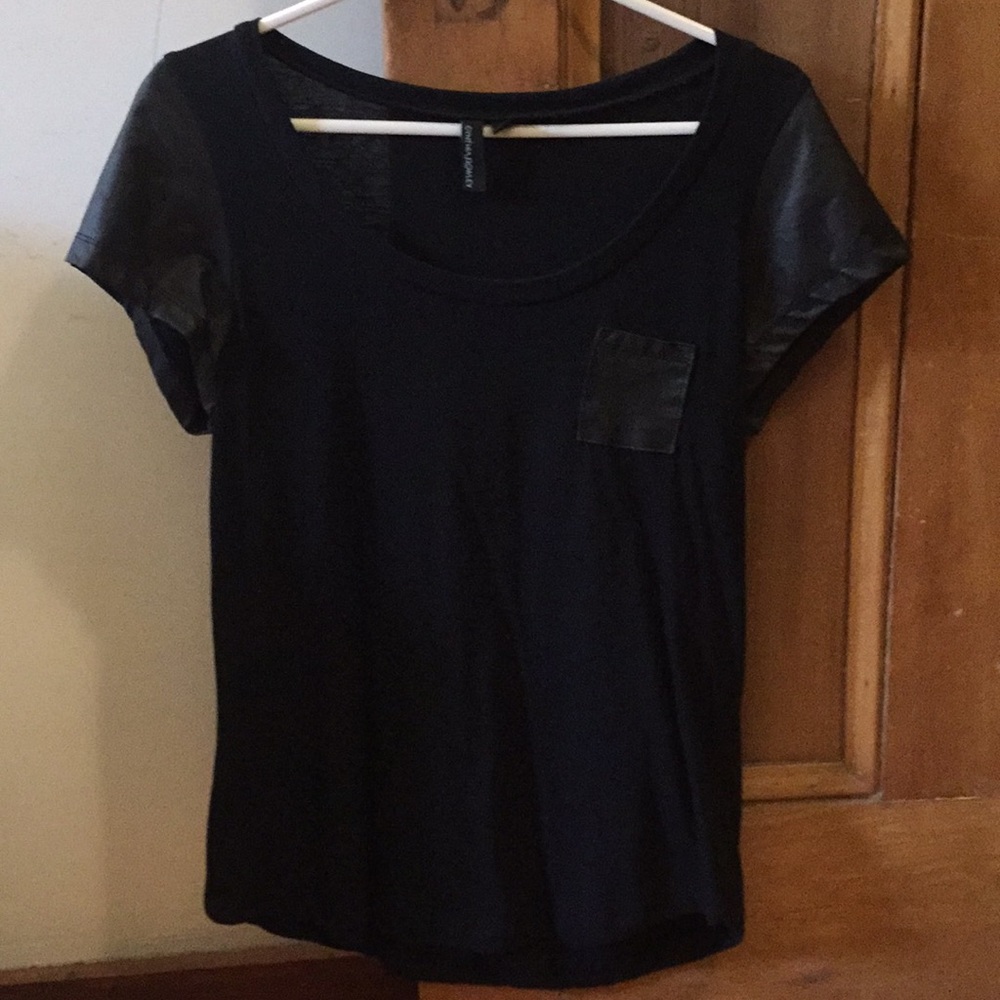Black T-shirt with faux leather sleeves and pocket